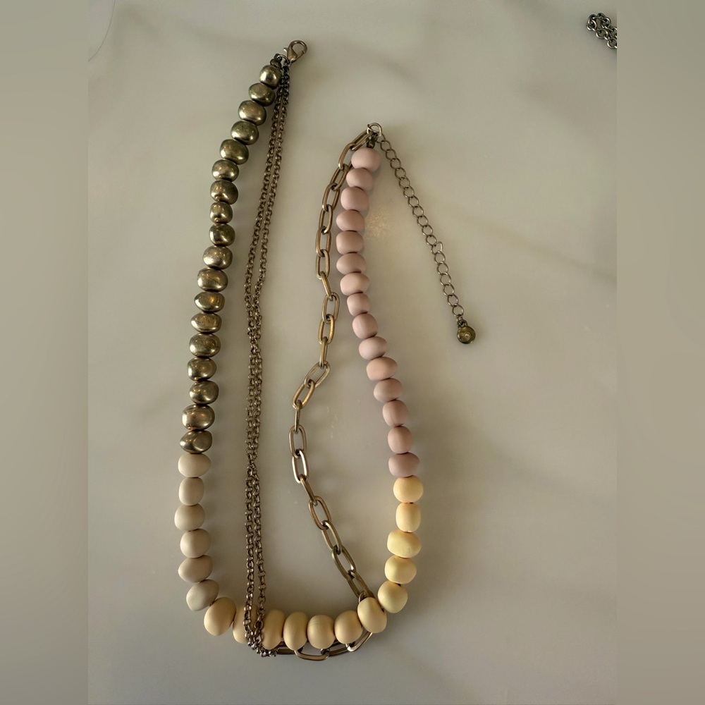 Clay bead necklace and gold chain.